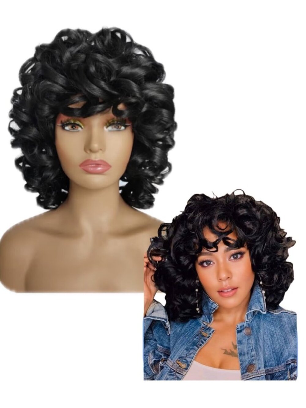 Curly Curly Black Wig with Bangs Wig 14 inches Short Synthetic Wig